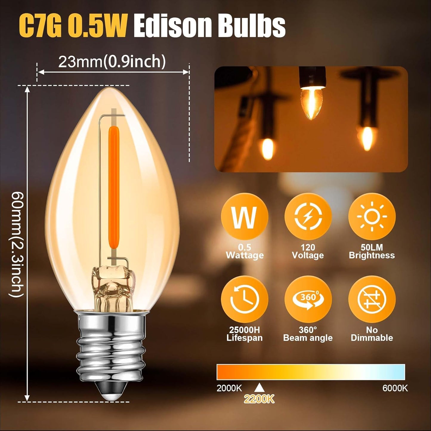 Bombilla LED C7 E12 ámbar 2200K estilo Edison decorativa