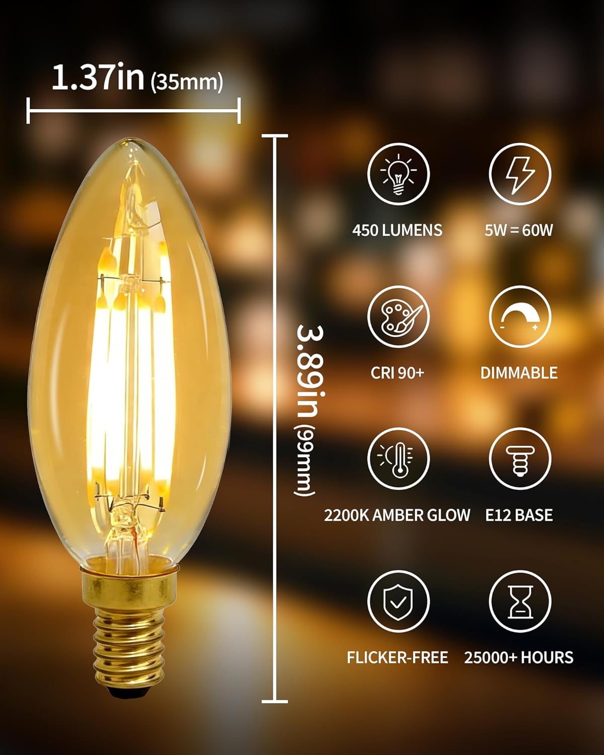 Bombilla LED E12 2200K suave cálida 60W paquete 6