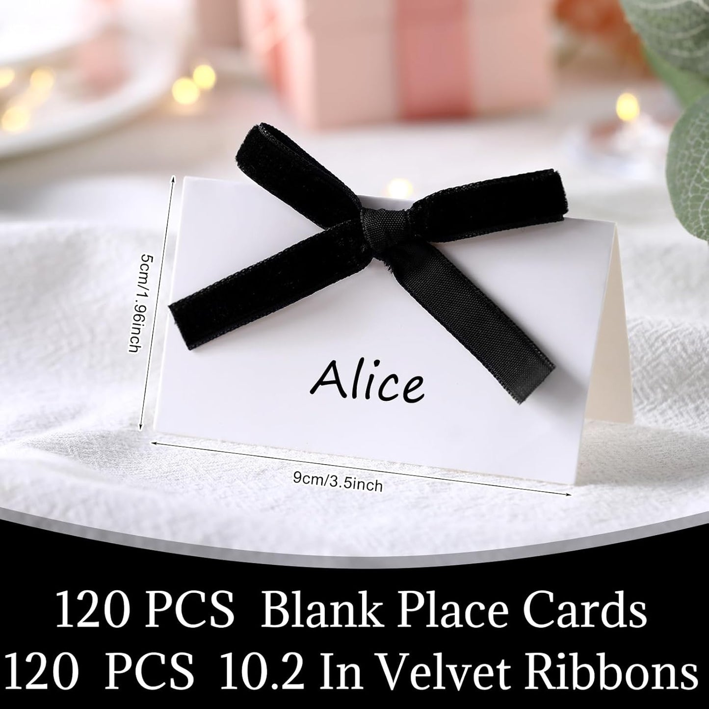 Juego de 120/240 tarjetas de terciopelo para mesa de 3.5 x 2 pulgadas con cintas