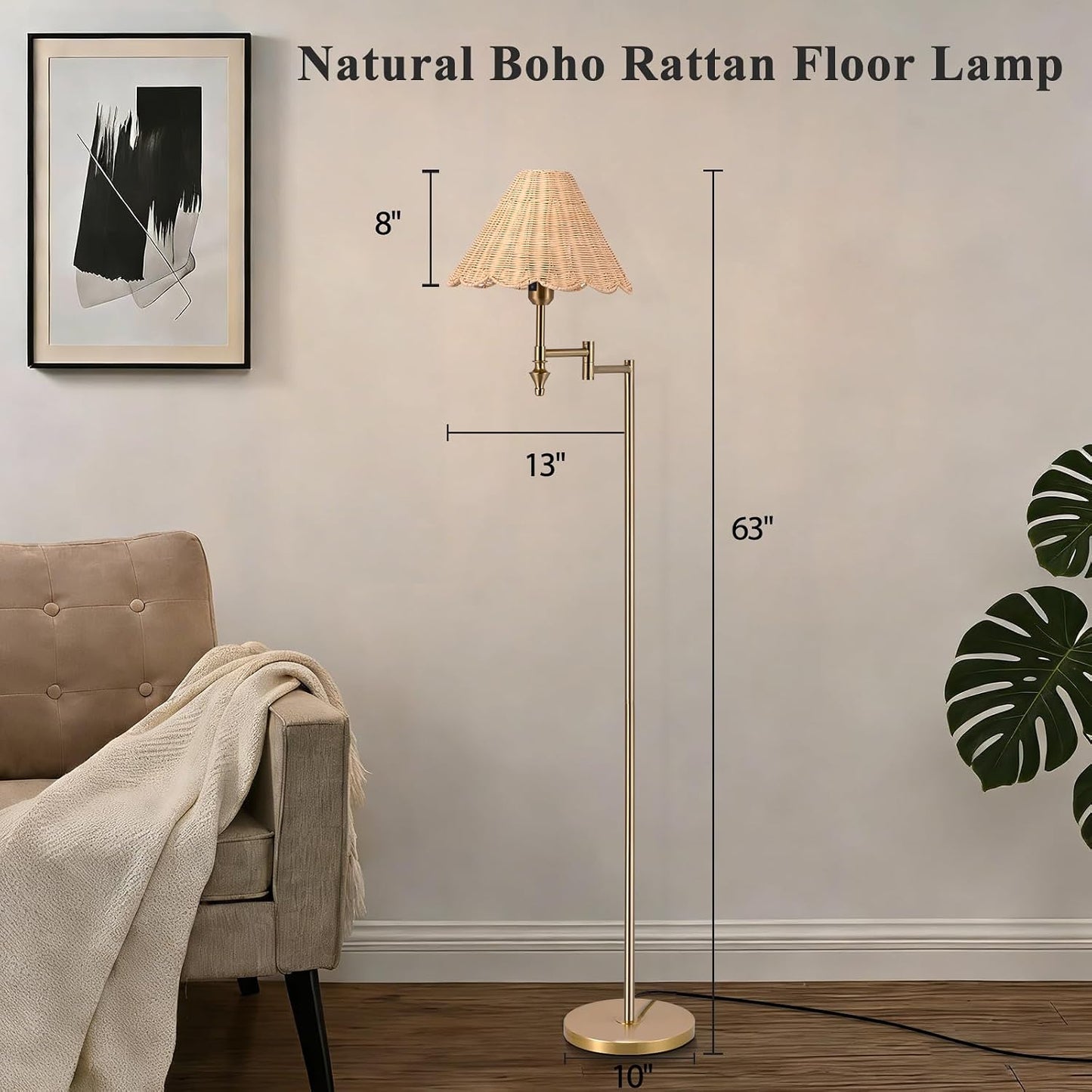 Lámpara pie ratán boho dorada brazo oscilante 63pulg