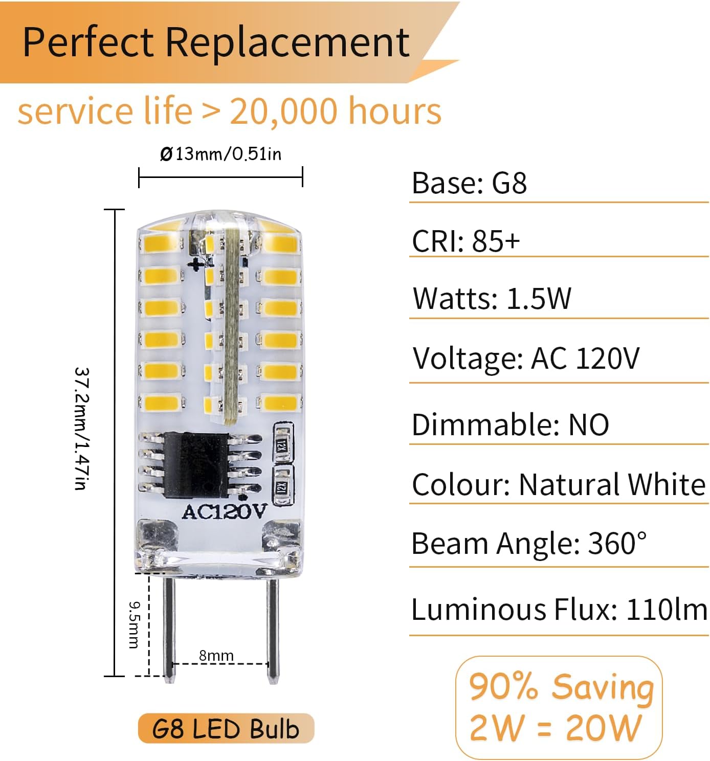 Bombilla LED G8 4000K blanco natural 1.5W para halógeno 15W