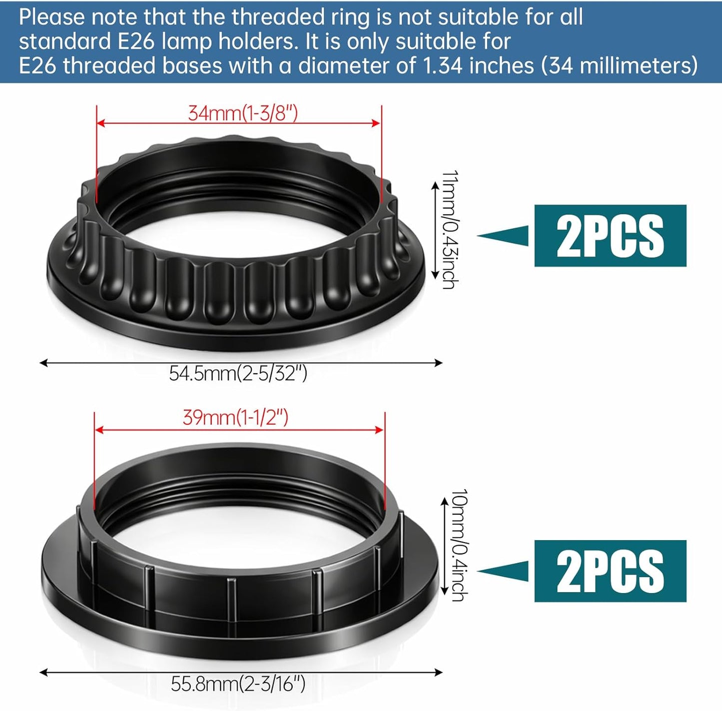 4 Anillos pantalla lámpara E26 1.339x1.535pulg Negro