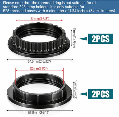 4 Anillos pantalla lámpara E26 1.339x1.535pulg Negro