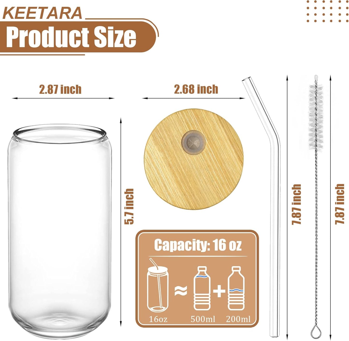Set 6 vasos vidrio 16oz con tapa bambú pajita para café helado