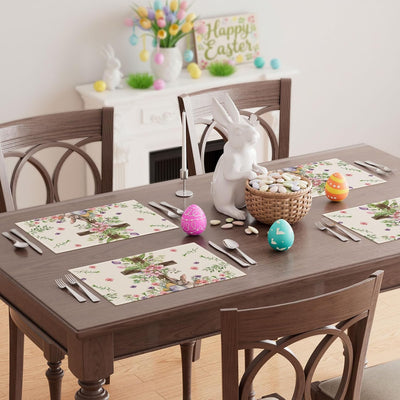 Juego de 6 manteles individuales de Pascua con diseño de conejo y flores