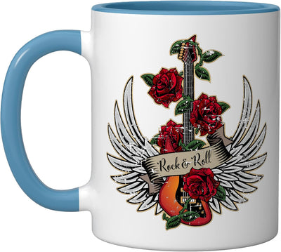 Taza cerámica Guitar Wings Roses Diseño Rock and Roll azul/blanco desgastado