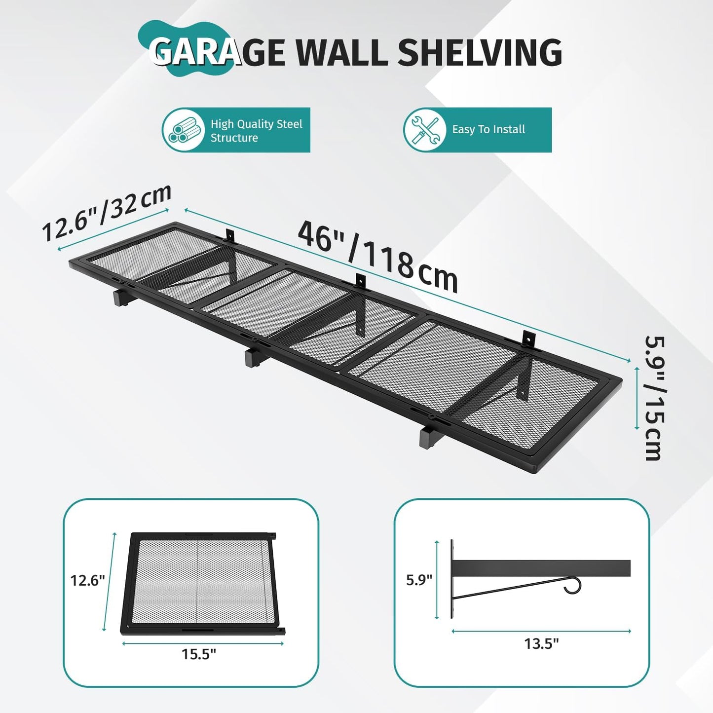 Estantería pared garaje 46x12.6pulg 180lb 4 ganchos