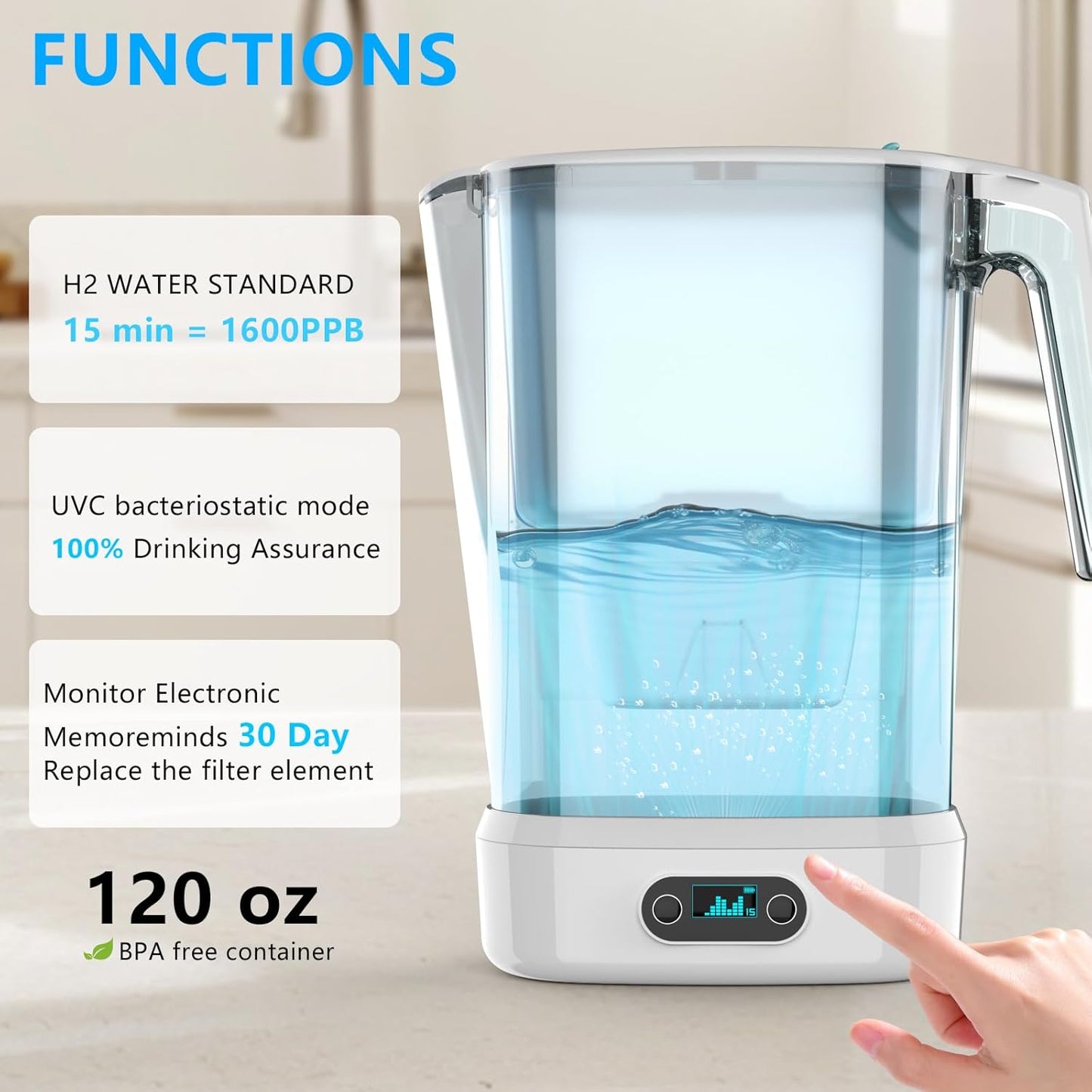 Jarra electrólisis agua hidrógeno sin BPA elimina plomo cloro