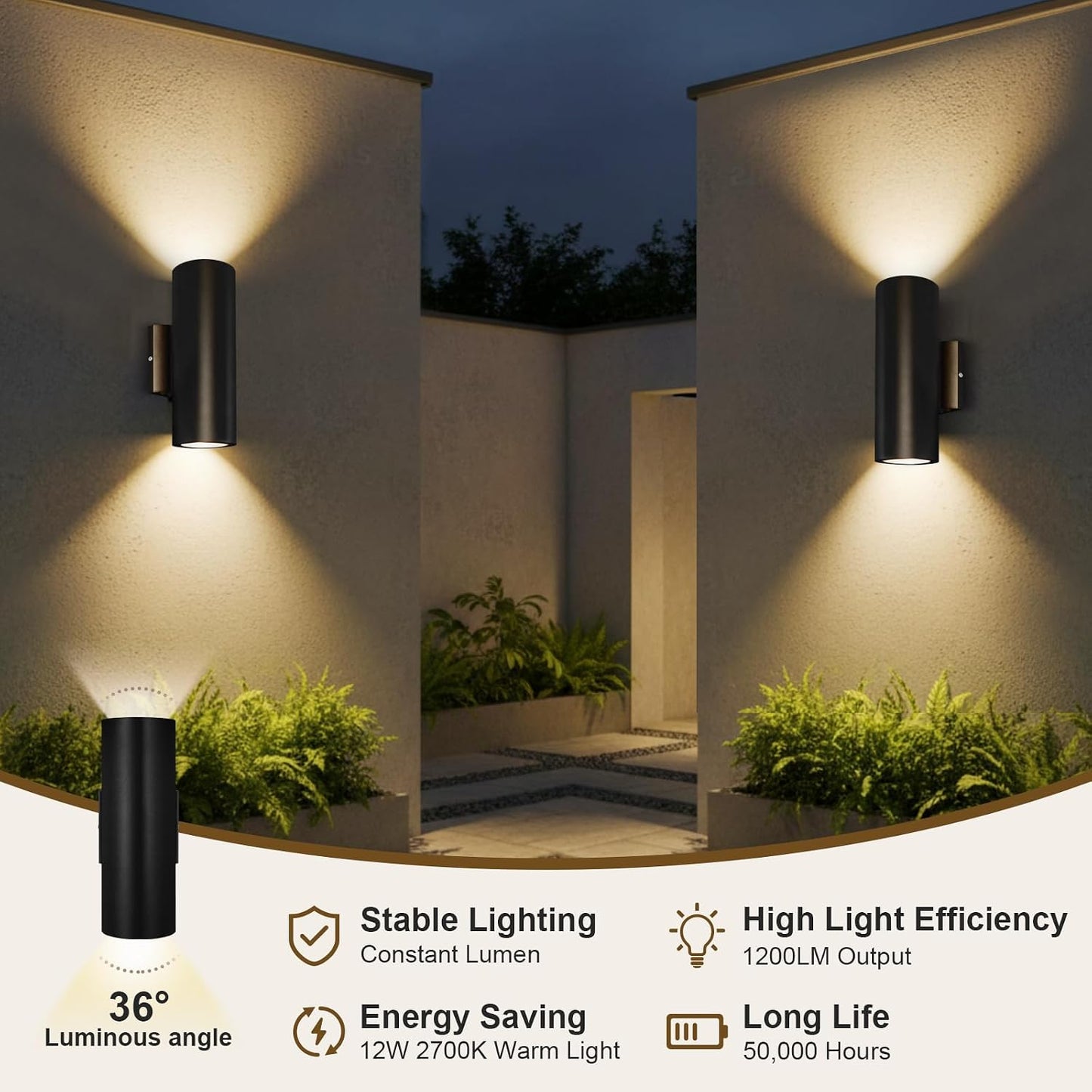 Luces pared exterior 10W 2700K aluminio negro impermeable