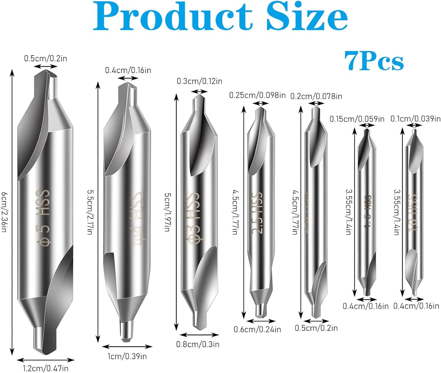7 Pzas Broca Centrado Acero HSS 60° para Torno CNC