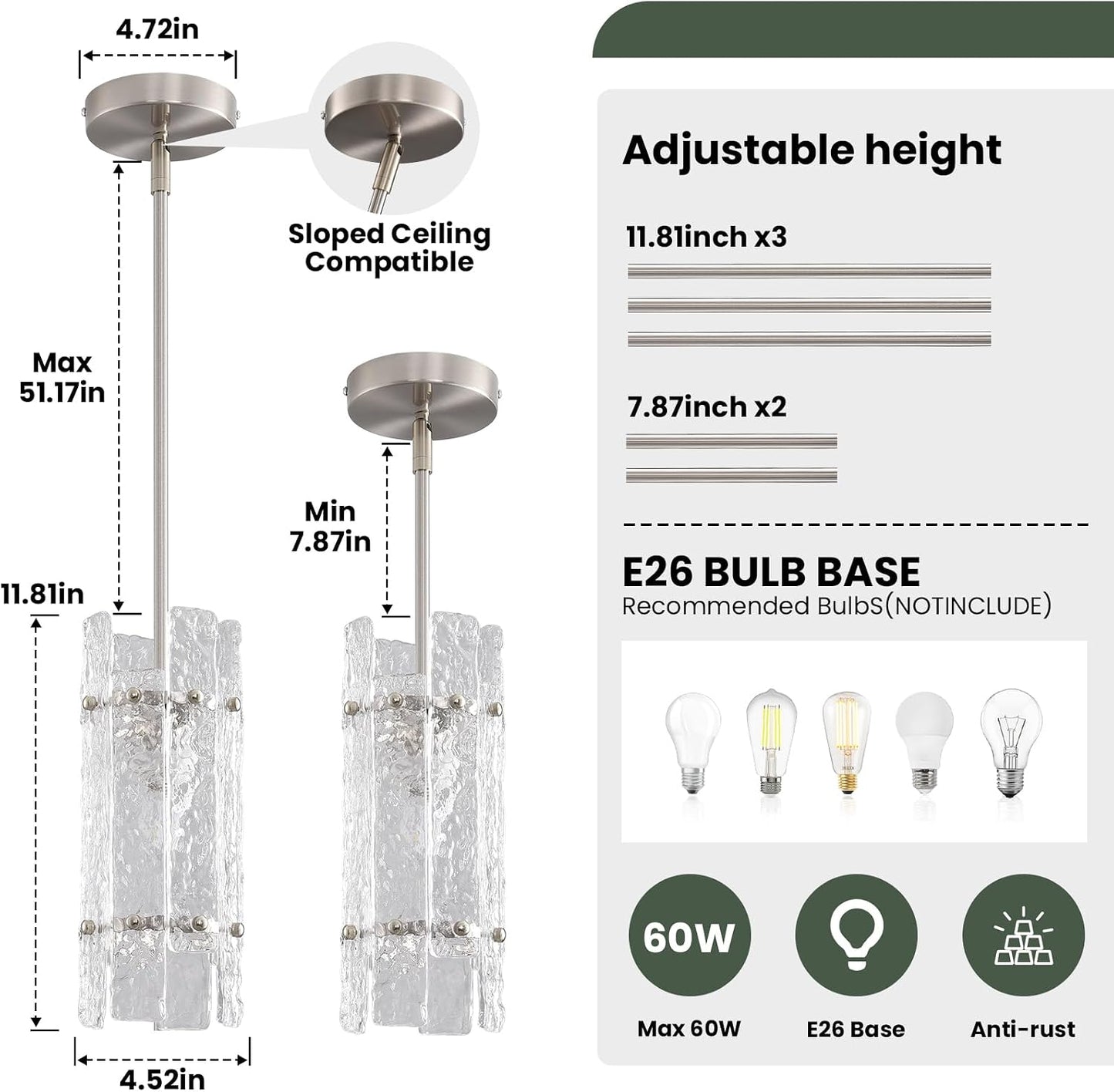 Lámpara colgante cristal níquel isla cocina ajustable