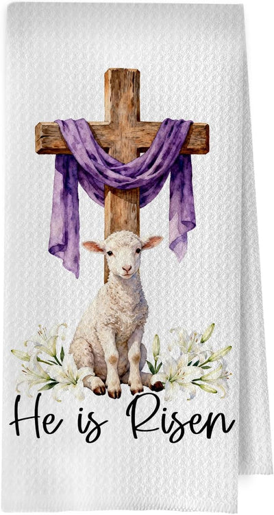 Toalla decorativa de waffle He is Risen, regalo cristiano de Pascua 16x24