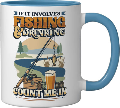 Taza cerámica para pescador con dibujo de pesca y bebida azul/blanco