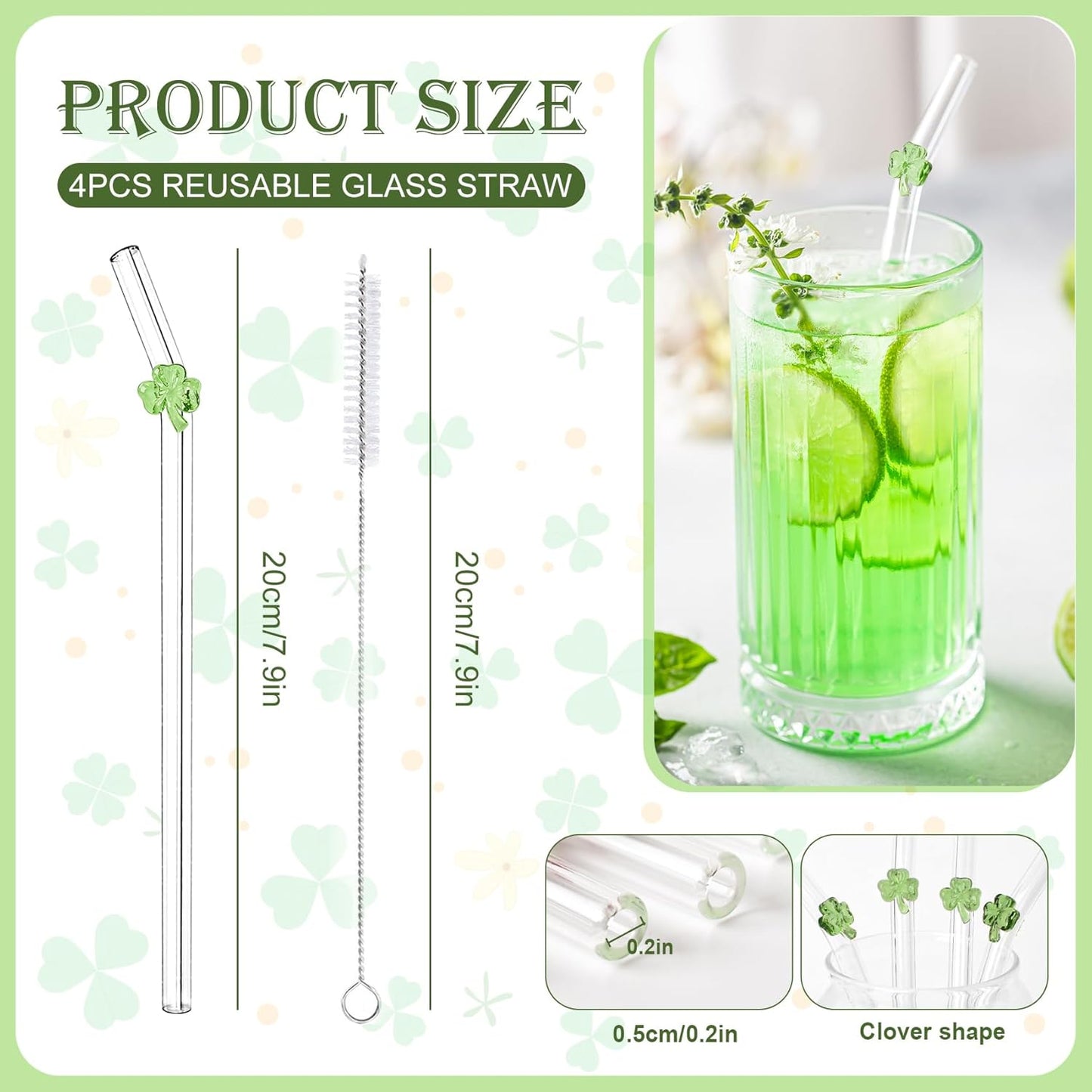 Pajitas cristal trébol verde reutilizables fiestas
