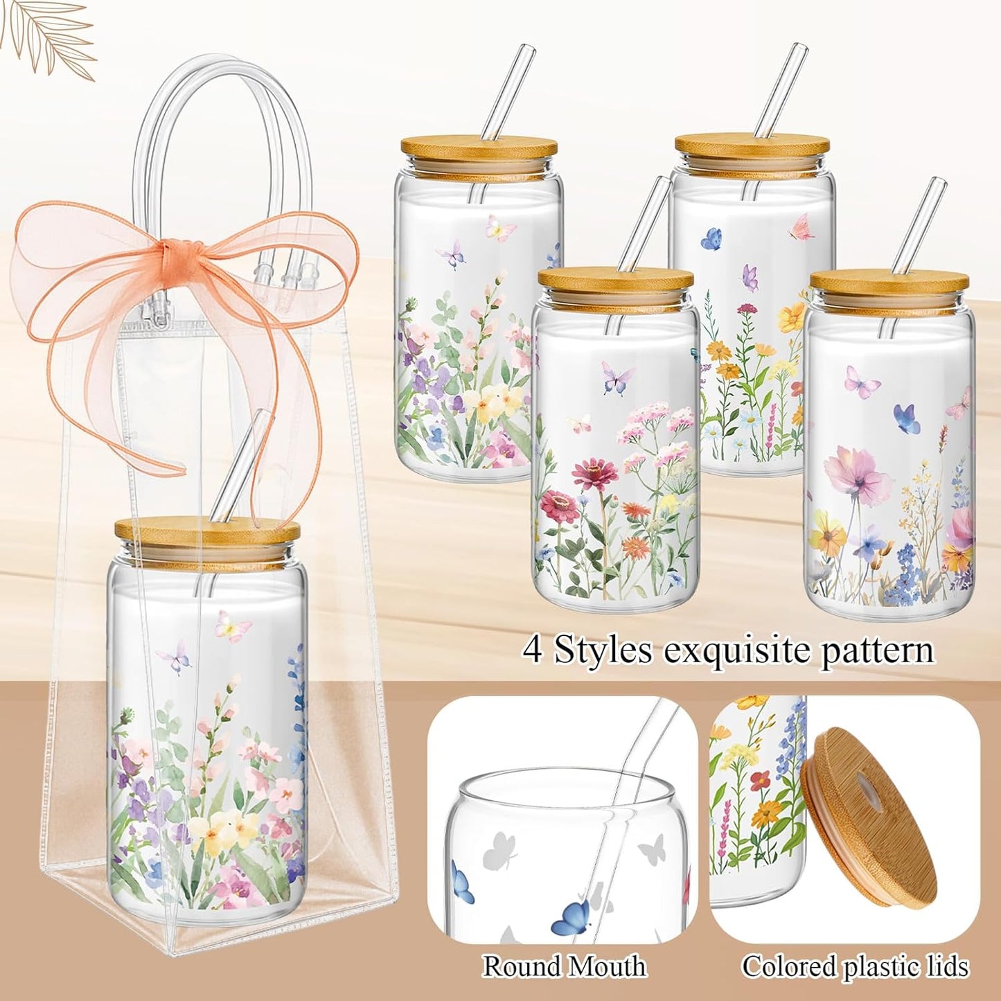 Set 12 Tazas Vidrio Flores 16oz Rosa Reutilizables