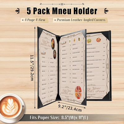 6 Fundas Menú 8.5x11pulg Cuero Sintético Negro Triple Pliegue