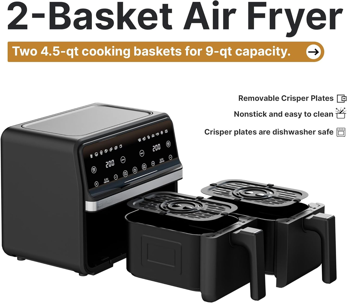 Freidora aire doble 2 cestas 9qt 2200W cocina familiar