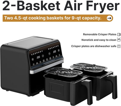 Freidora aire doble 2 cestas 9qt 2200W cocina familiar