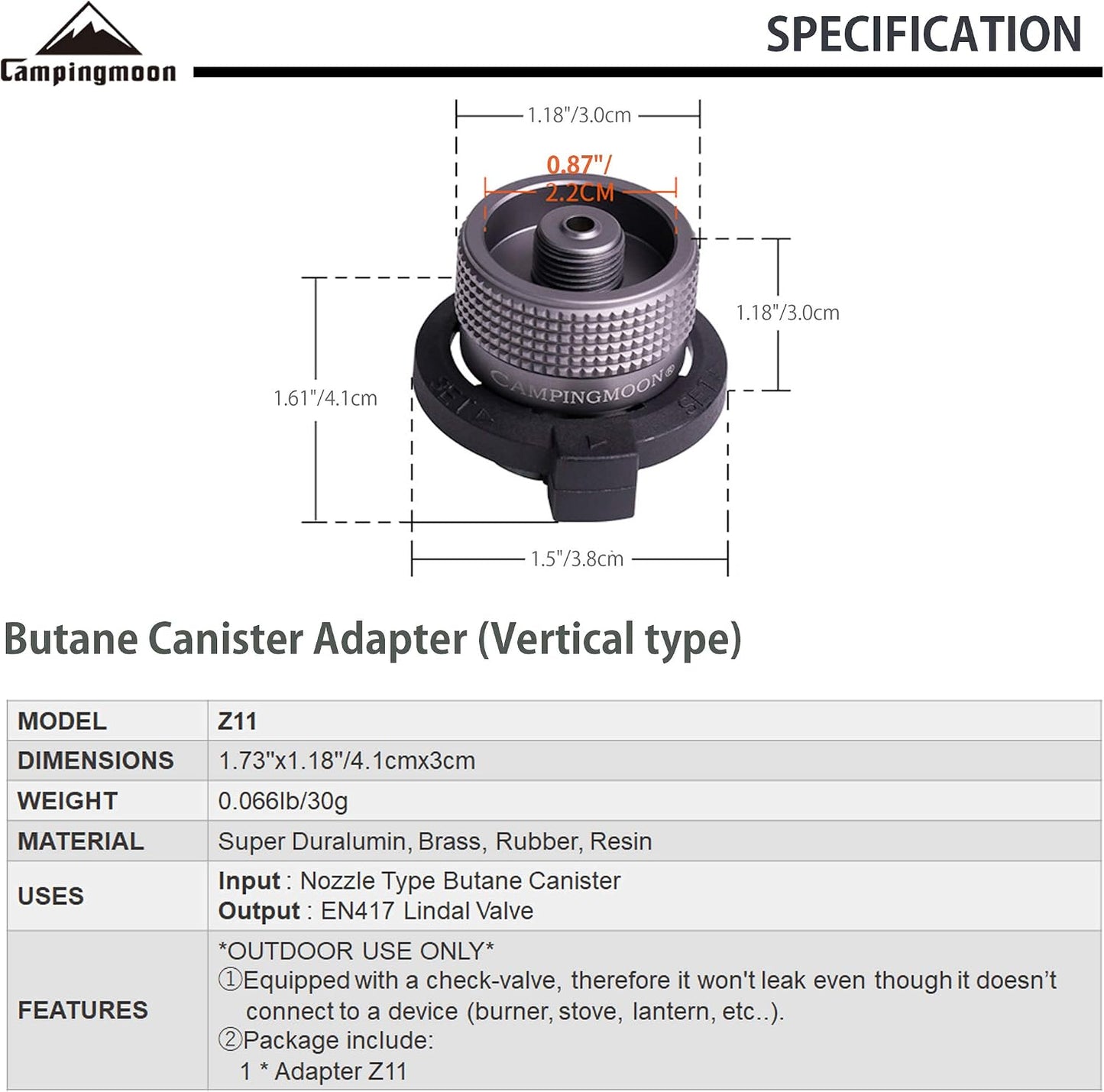 Adaptador estufa gas camping vertical EN417 Lindal Z11
