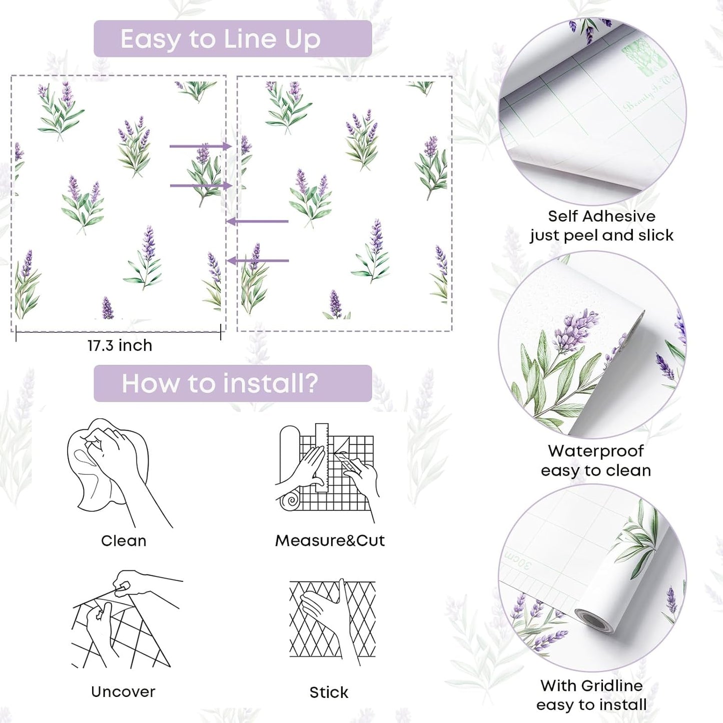 Papel tapiz floral lavanda morado 17x79pulg autoadhesivo