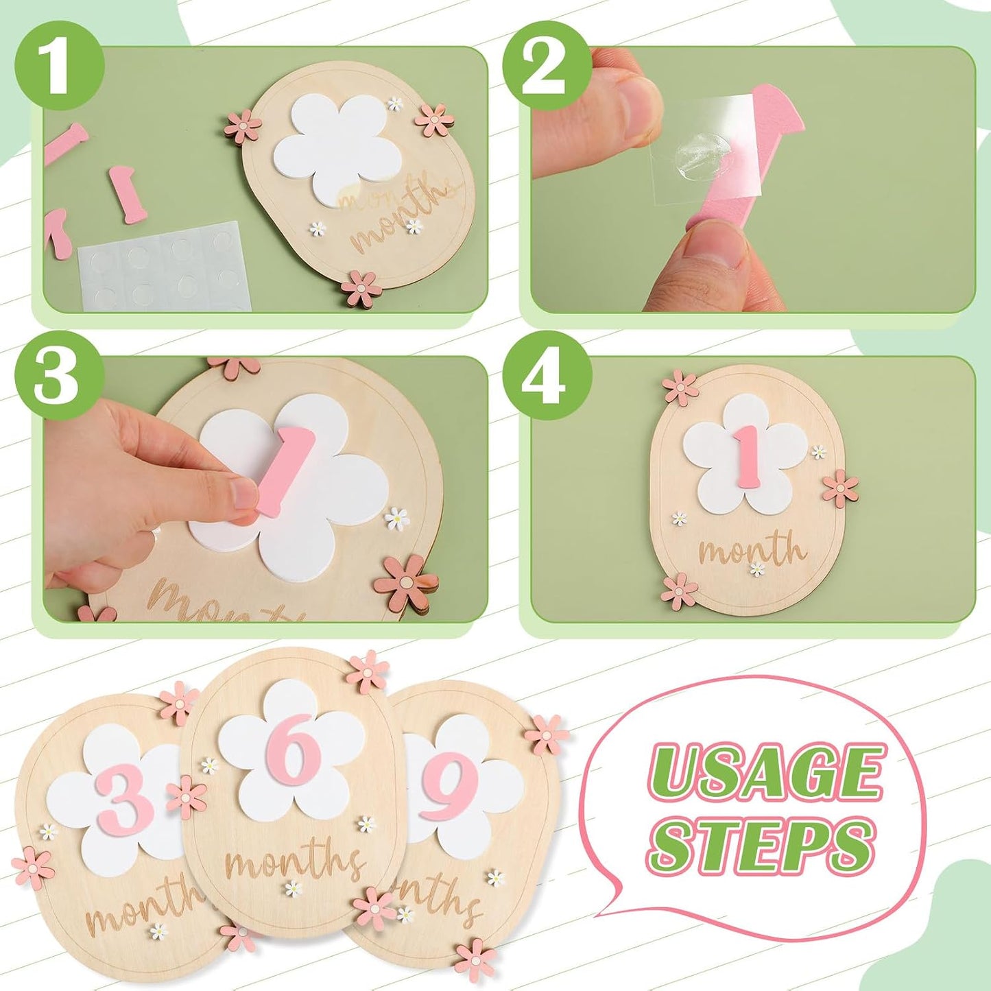 Tarjetas hitos mensuales bebé 12 meses madera margaritas