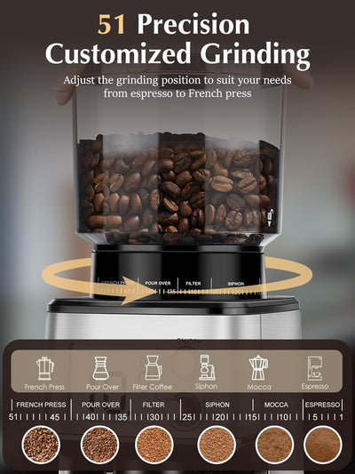 Molinillo Espresso Eléctrico 51 Ajustes Antiestático Bajo Ruido