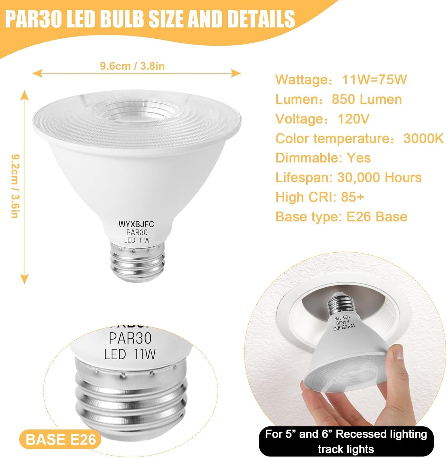 Paquete 2 Bombillas LED Par30 Regulables 11W Blanco Cálido Base E26