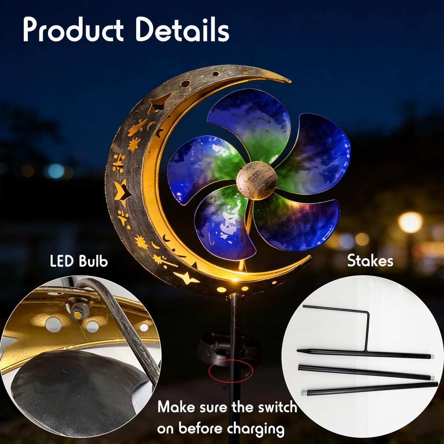 Luz estaca giratoria solar LED blanca para molino de viento