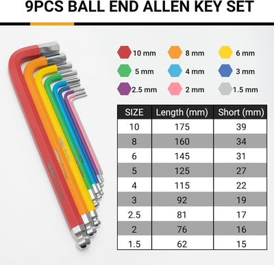 Juego 9 llaves hex antideslizantes bola larga 0.06-0.394pulg