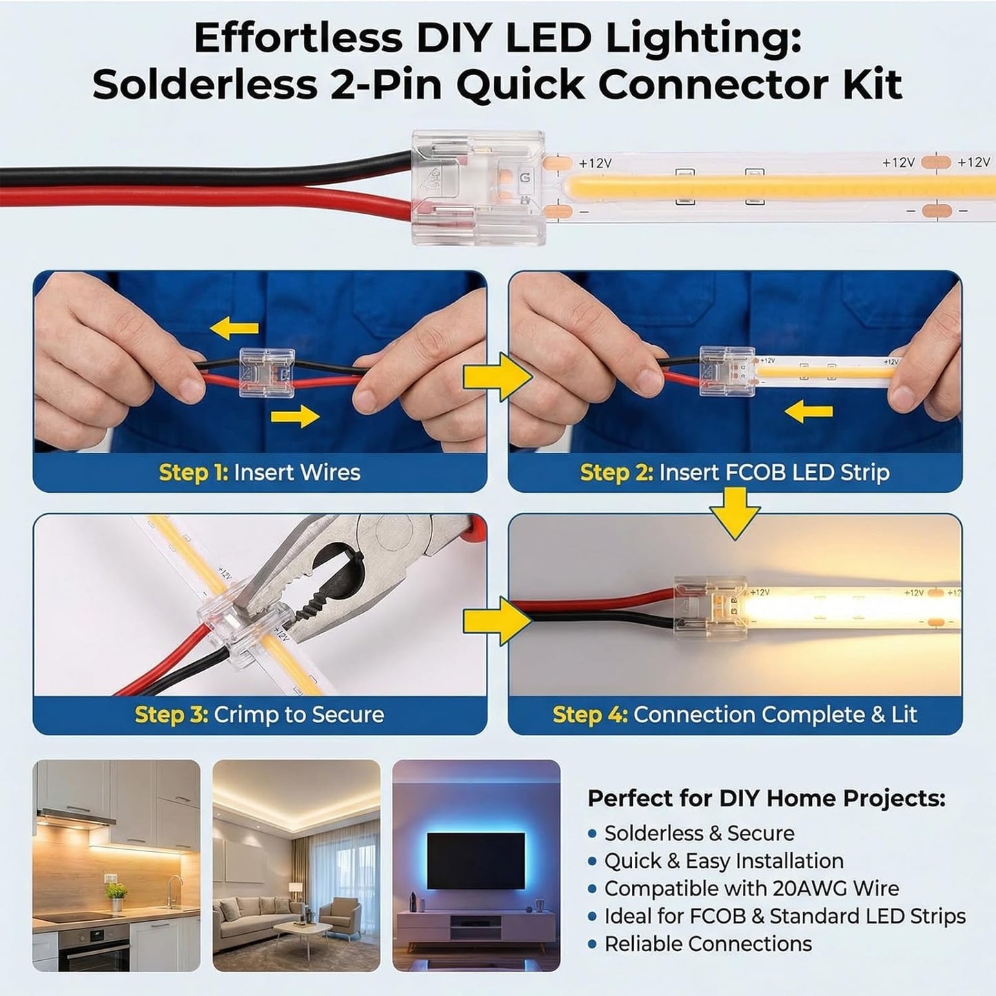 Conector LED 4en1 para tira COB 10mm 15 Pzas con cables extensión