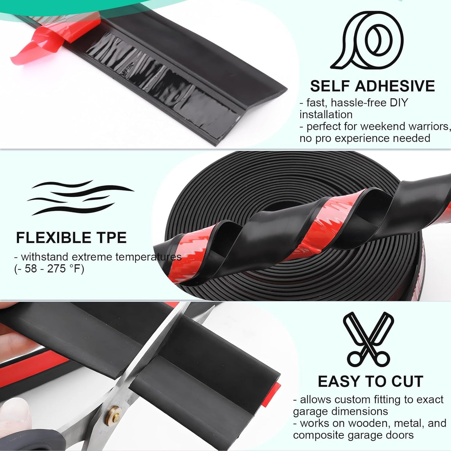 Kit burlete TPE autoadhesivo negro 36ft puerta garaje