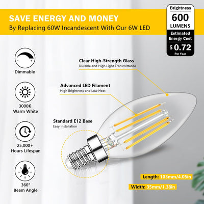 Pack 12 Bombillas LED E12 Regulables 3000K B11 Vidrio Transparente