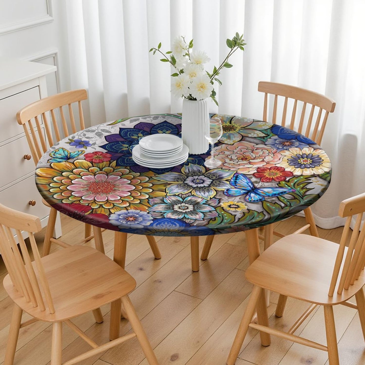 Protector de mesa redondo bohemio multicolor 60 pulgadas para cocina y eventos