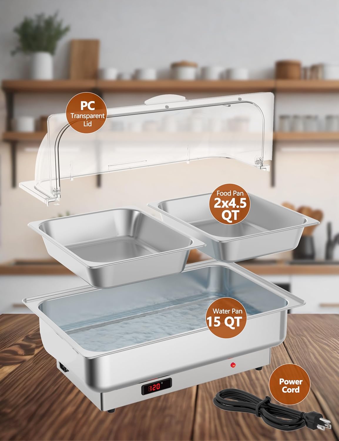 2 Pzas Chafer Acero Inox con Tapa 4.5qt para Eventos