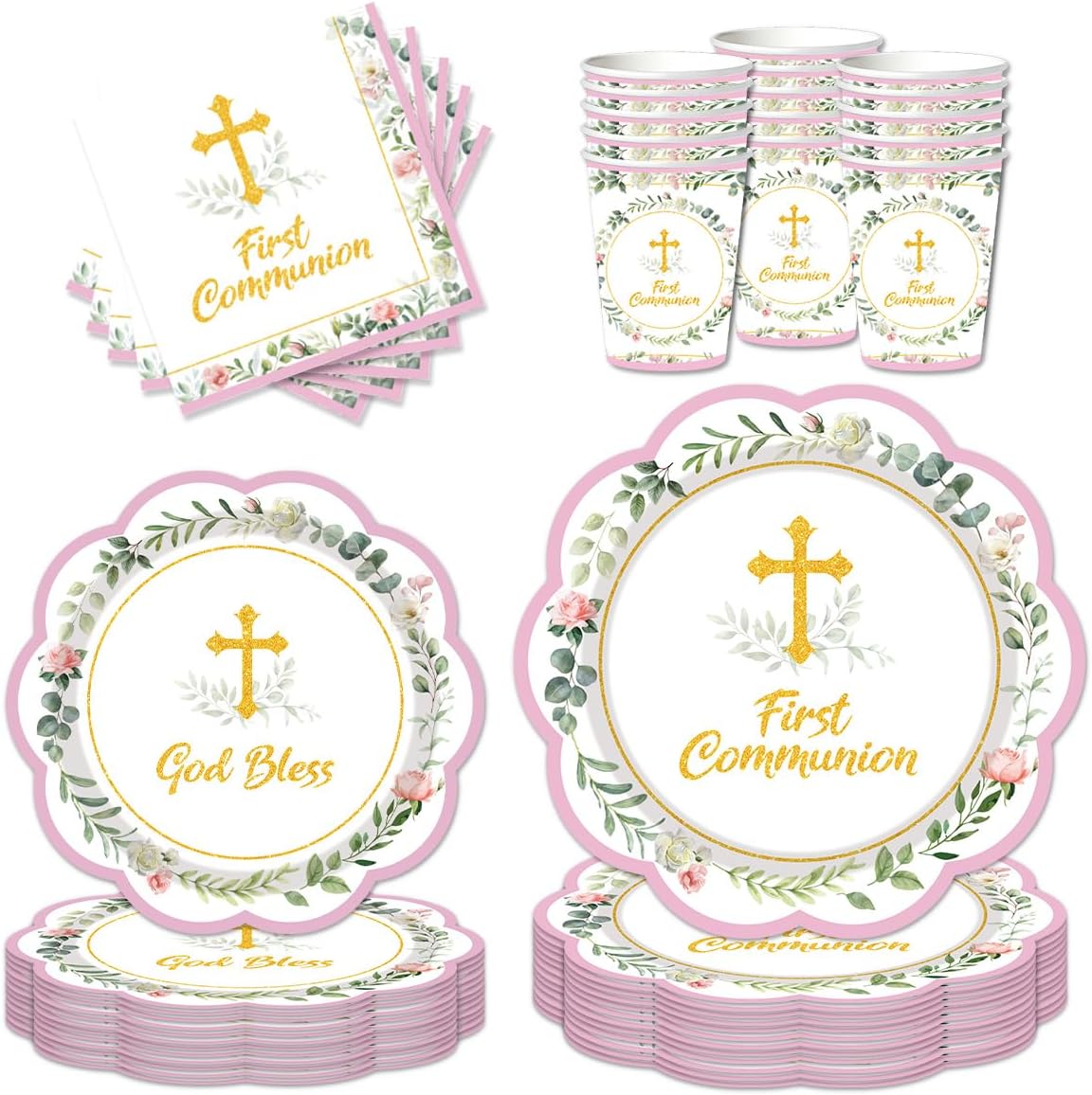 Vajilla de papel para comunión rosa salvia con platos servilletas y tazas
