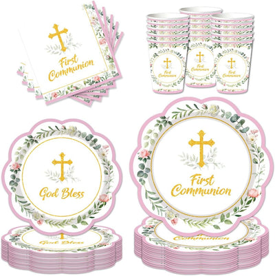 Vajilla de papel para comunión rosa salvia con platos servilletas y tazas