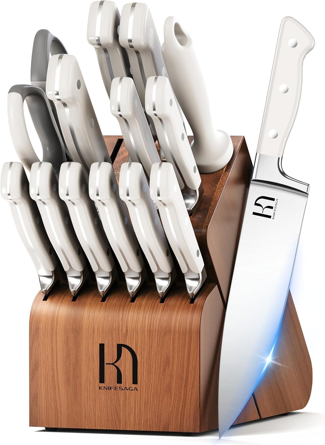 Set 15 Cuchillos Chef Acero Inox Bloque Afilador Acacia Blanca