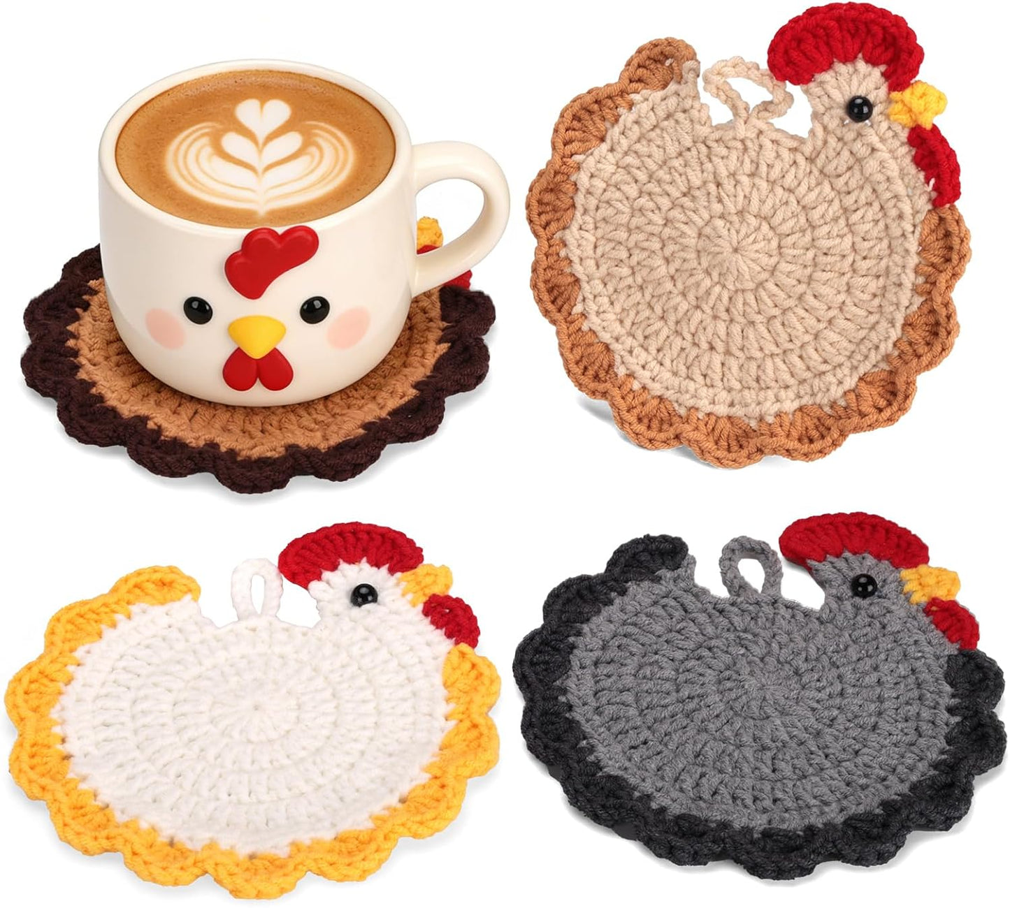 Posavasos de pollo hechos a mano de algodón para bebidas, juego de 4