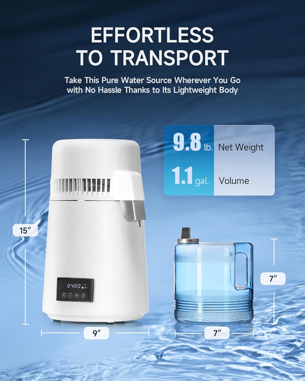 Destilador agua 1.1gal con jarra vidrio 4L temporizador 0-99h