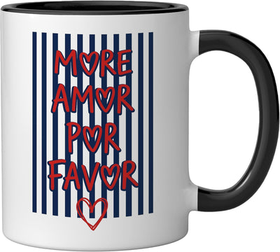 Taza cerámica More Amor Por Favor con corazones y rayas negras/blancas