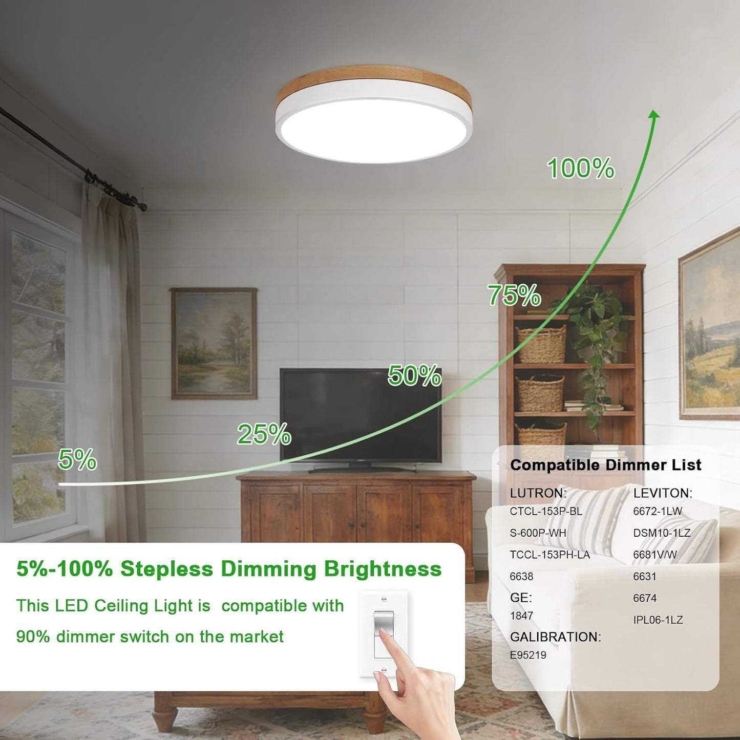 Lámpara techo LED madera 12pulg regulable 3000-6000K dormitorio