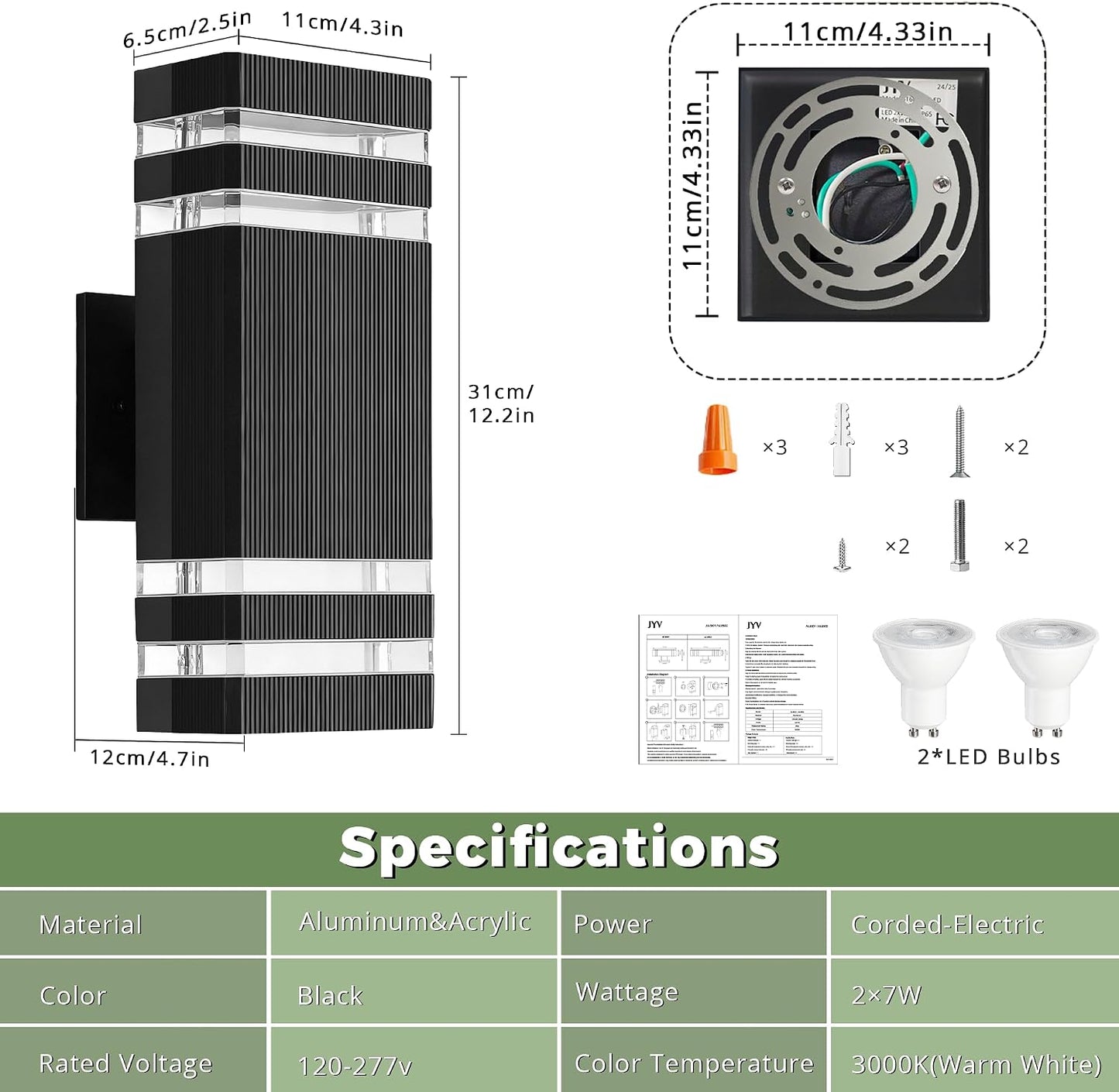 Luces cuadradas aluminio 7W LED 3000K impermeables pared 2 pzas