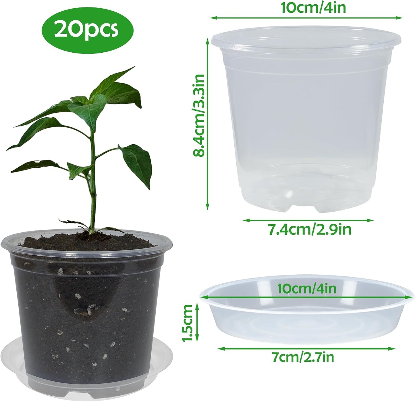 20 Macetas Transp. 4pulg Drenaje y 20 Platillos para Plantas
