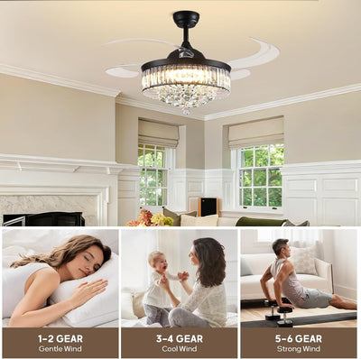 Ventilador techo cristal 48pulg luz aspas retráctiles control remoto negro