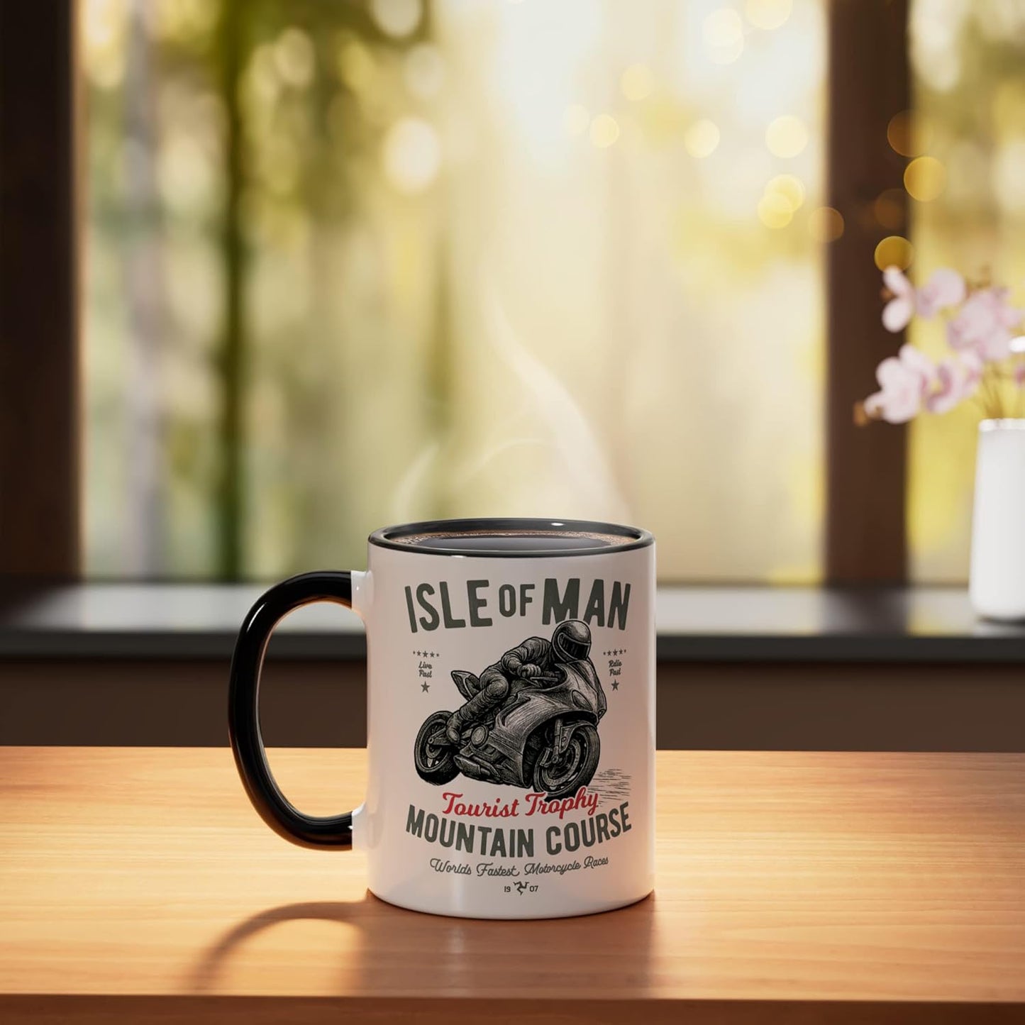 Taza de cerámica retro Isle of Man TT Moto carrera negra y blanca