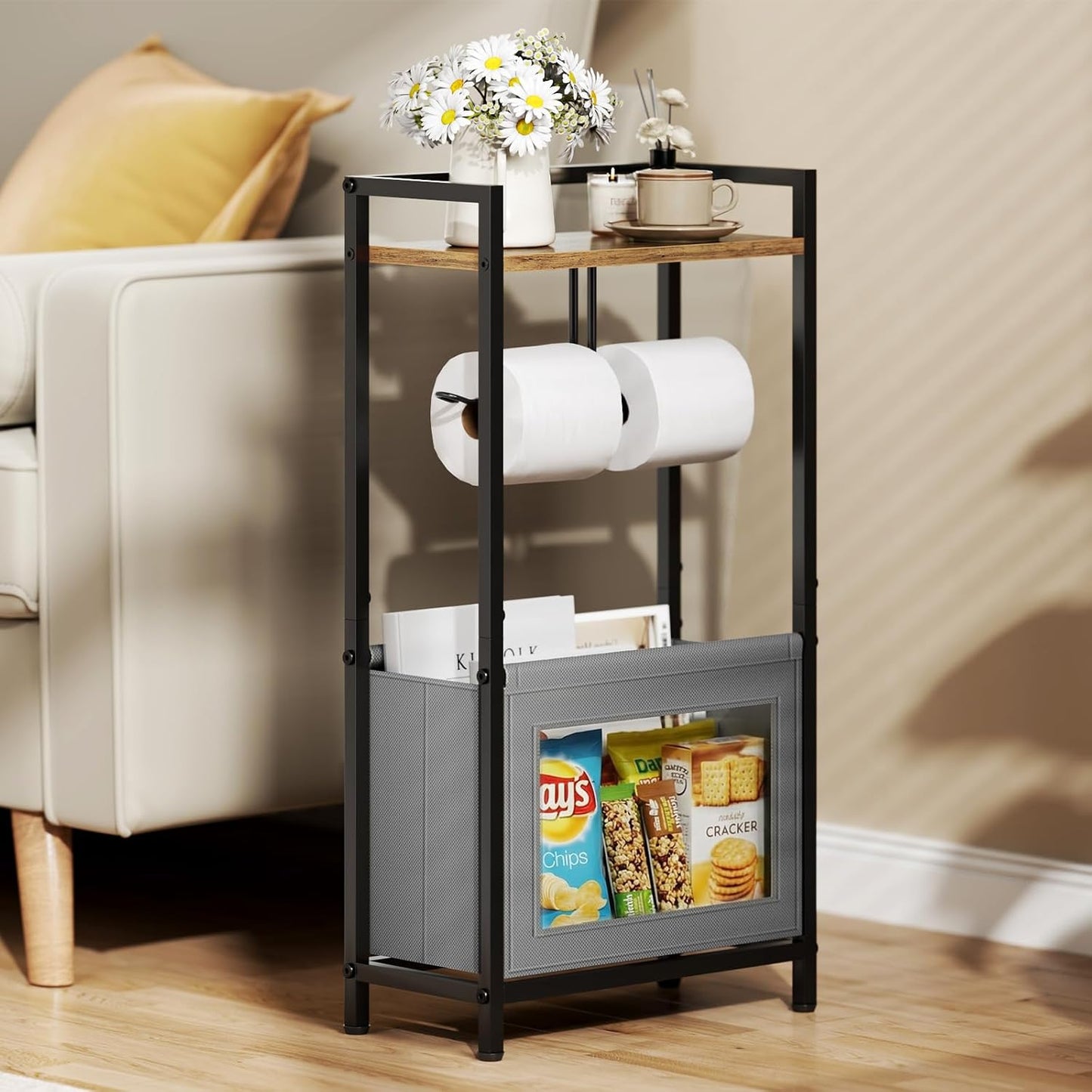 Soporte papel higiénico con cesta y estante madera para baño negro