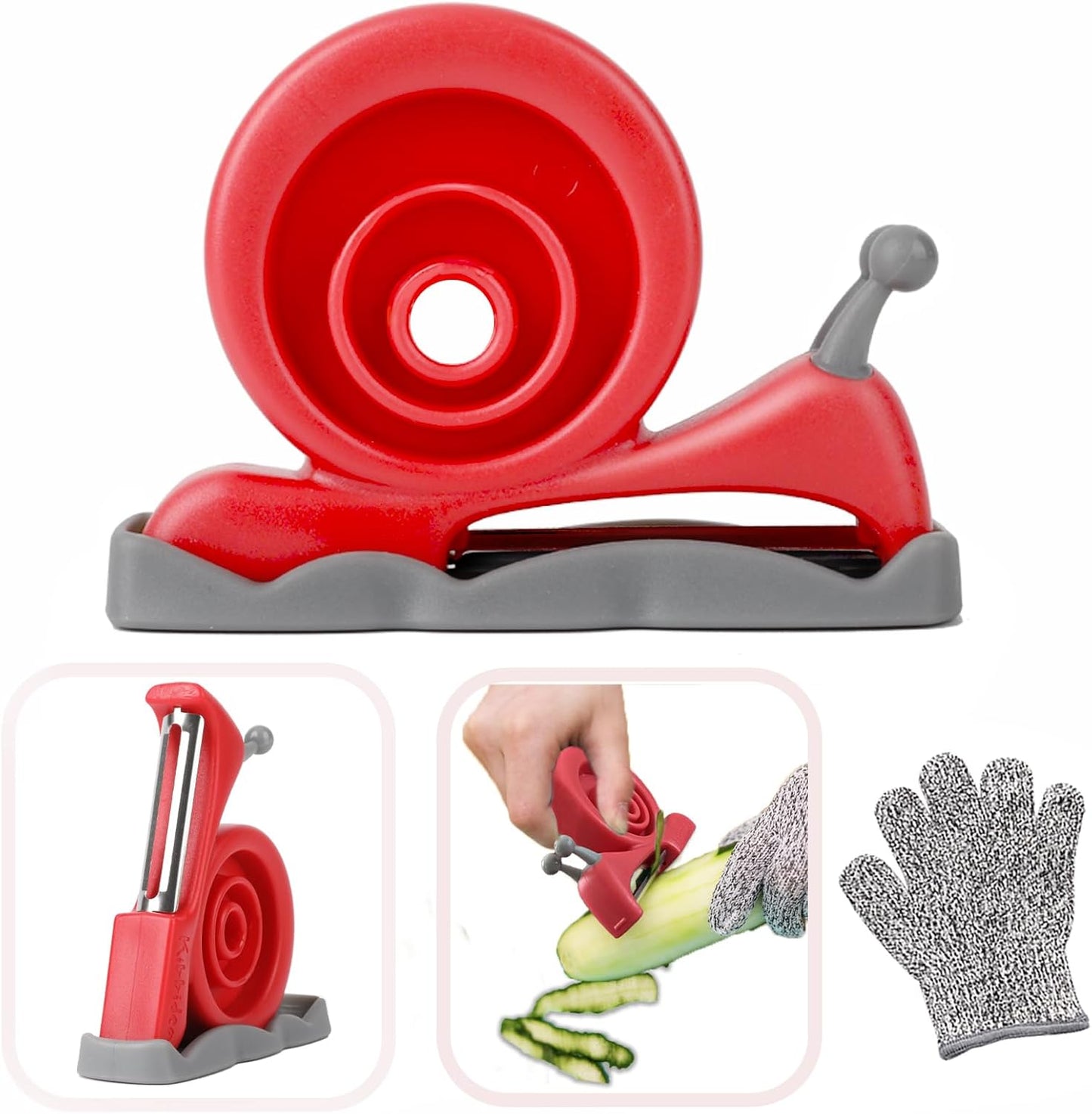 Pelador de verduras para niños con guante anticut y accesorios caracol rojo