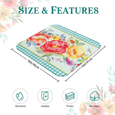 Tapete de secado de platos verde azulado 16 x 18 pulgadas microfibra con diseño floral