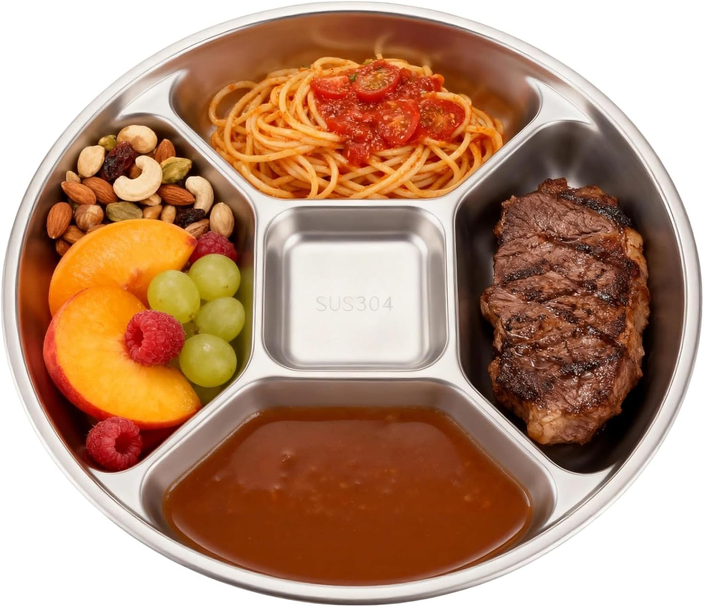 Plato dividido de acero inoxidable 304 de 8.9 pulgadas con cinco compartimentos