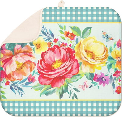 Tapete de secado de platos verde azulado 16 x 18 pulgadas microfibra con diseño floral